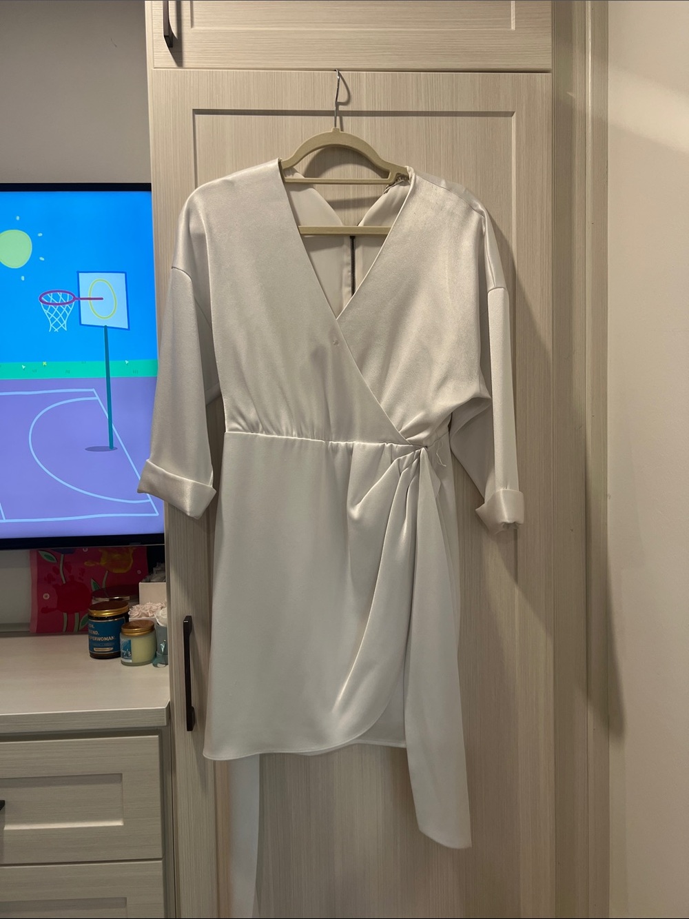 Alice + Olivia Ivory Satin Wrap Mini Dress with Side Drape